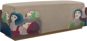 DREAMERS Bench: Artistic Wooden Bench with Multicolor Veneers and Upholstery, Inspired by Hady Boraey's Iconic Painting