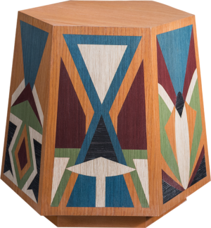 HEXA Stool: A Fusion of Geometric Elegance and Spiritual Symbolism in Multicolor Wood Veneer Finish